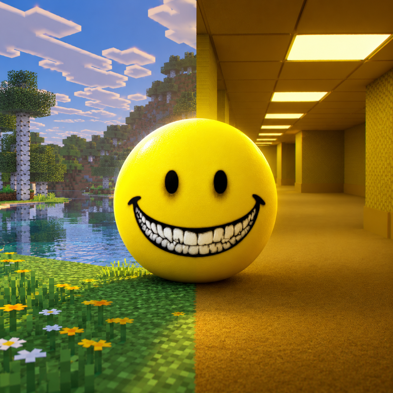 A grinning yellow Verity orb between a blocky Minecraft landscape and a Backrooms hallway